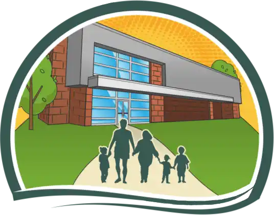 A circular logo of a family of four walking up to a brick and glass building. THe sun is shining in the background and green grass is surrounding them